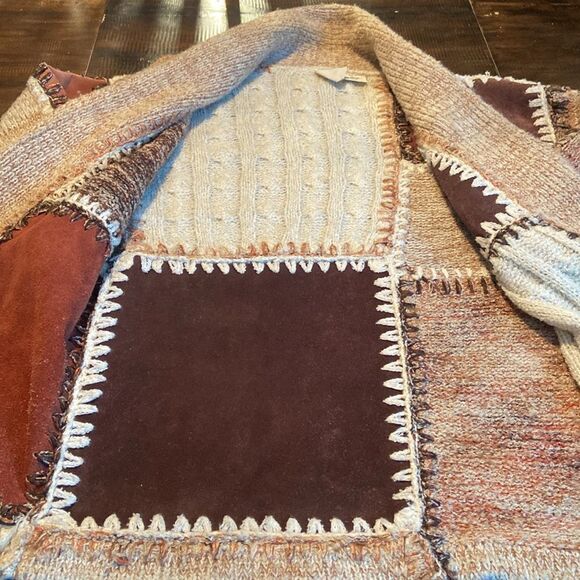 Vintage Kensington Patchwork Cable Knit & Leather Boho Cardigan Sweater large - Picture 5 of 8